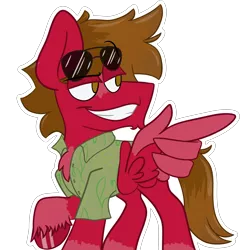 Size: 2800x2800 | Tagged: safe, artist:grandfinaleart, derpibooru import, oc, oc:grand finale, pegasus, pony, brown eyes, clothes, digital art, hawaiian shirt, image, pegasus oc, png, red fur, shirt, simple background, smiling, sunglasses, sunglasses on head, transparent background, unshorn fetlocks, wings