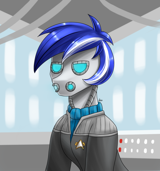 Size: 1500x1600 | Tagged: safe, artist:zachc, derpibooru import, oc, oc:ivislor odzi, unofficial characters only, cyborg, cyborg pony, pony, bust, clothes, commission, commissioner:iv's, image, male, png, portrait, solo, star trek, uniform