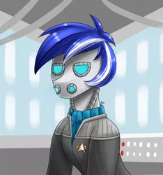 Size: 1500x1600 | Tagged: safe, artist:zachc, derpibooru import, oc, oc:ivislor odzi, unofficial characters only, cyborg, cyborg pony, pony, bust, clothes, commission, commissioner:iv's, image, male, png, portrait, solo, star trek, uniform