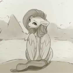 Size: 4000x4000 | Tagged: safe, artist:miokomata, derpibooru import, fluttershy, pegasus, pony, cute, ear fluff, female, floppy ears, freckles, freckleshy, image, jpeg, looking at you, looking back, looking back at you, mare, monochrome, shyabetes, sitting, tongue out