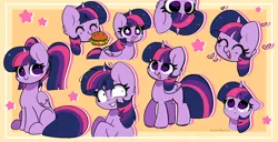 Size: 6274x3223 | Tagged: safe, artist:kittyrosie, derpibooru import, twilight sparkle, twilight sparkle (alicorn), alicorn, pony, unicorn, ^^, blushing, burger, cute, diabetes, eyes closed, female, food, hay burger, heart, image, kittyrosie is trying to murder us, mare, messy mane, multeity, open mouth, open smile, pigtails, png, sad, shrunken pupils, smiling, sparkle sparkle sparkle, starry eyes, that pony sure does love burgers, twiabetes, twilight burgkle, twilight snapple, unicorn twilight, upside down, wingding eyes