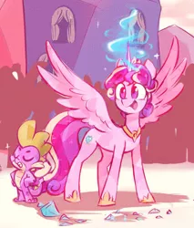 Size: 970x1140 | Tagged: safe, artist:lummh, artist:scribble-potato, derpibooru import, princess cadance, spike, alicorn, crystal pony, dragon, pony, comic:the princess of love, crowd, crystal empire, crystallized, cute, cutedance, eyes closed, glow, glowing horn, hand on hip, horn, image, jpeg, magic, open mouth, open smile, proud, smiling, spread wings, wings