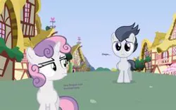 Size: 256x160 | Tagged: safe, artist:lunaticdawn, derpibooru import, rumble, sweetie belle, pegasus, pony, unicorn, caption, colt, female, filly, foal, image, jpeg, looking back, male, ponyville, pouting, pouty lips, rumbelle, sad, shipping, straight, text