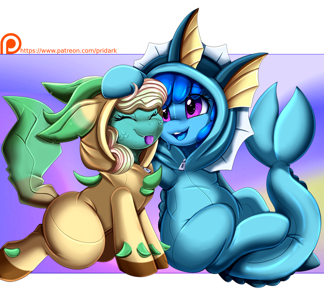 Size: 3509x3250 | Tagged: safe, artist:pridark, derpibooru import, oc, oc:alana, oc:flowheart, unofficial characters only, goo, goo pony, kelpie, leafeon, original species, pony, vaporeon, clothes, costume, eyes closed, female, image, kigurumi, mare, png, pokémon, seams, tongue out, zipper