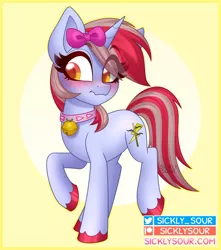 Size: 1000x1133 | Tagged: safe, artist:sickly-sour, derpibooru import, oc, unofficial characters only, pony, unicorn, bell, bell collar, blushing, bow, collar, eye clipping through hair, eyebrows, eyebrows visible through hair, hair bow, image, jpeg, solo, wavy mouth