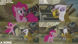Size: 1280x720 | Tagged: safe, derpibooru import, edit, edited screencap, editor:quoterific, screencap, gilda, pinkie pie, earth pony, gryphon, pony, season 5, the lost treasure of griffonstone, bipedal, duo, female, image, jpeg, mare, nose in the air, open mouth, open smile, smiling, text