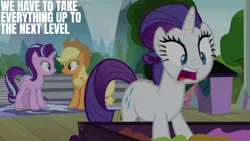 Size: 1280x720 | Tagged: safe, derpibooru import, edit, edited screencap, editor:quoterific, screencap, applejack, rarity, starlight glimmer, earth pony, pony, unicorn, horse play, season 8, spoiler:s08, applejack's hat, cowboy hat, female, hat, image, jpeg, mare, open mouth, text, trio