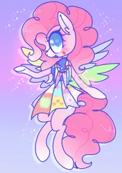 Size: 1317x1872 | Tagged: safe, artist:cutiesparke, derpibooru import, pinkie pie, earth pony, semi-anthro, fanfic:cupcakes, blood, clothes, cutie mark dress, dress, fake wings, female, gradient background, horn, horn necklace, image, jewelry, lightly watermarked, necklace, png, purple background, raised hoof, simple background, solo, sparkles, stars, watermark