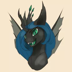Size: 2000x2000 | Tagged: safe, artist:tenebrisnoctus, derpibooru import, queen chrysalis, changeling, changeling queen, atg 2022, bust, fangs, female, high res, image, looking at you, newbie artist training grounds, open mouth, open smile, png, simple background, sinister smile, smiling, solo, spread wings, wings, yellow background