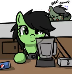 Size: 400x412 | Tagged: safe, artist:neuro, derpibooru import, oc, oc:anonfilly, earth pony, pony, undead, zombie, zombie pony, blender (object), camera, dead rising, drink, duo, female, filly, foal, image, looking at you, pepsi, png, simple background, smiling, smiling at you, soda, soda can, solo focus, transparent background