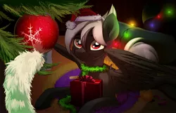 Size: 3328x2145 | Tagged: safe, artist:taneysha, derpibooru import, oc, unofficial characters only, pegasus, pony, christmas, hat, holiday, image, jpeg, looking at you, ornament, present, santa hat, snow, snowflake, solo