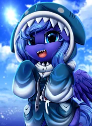 Size: 2601x3549 | Tagged: safe, artist:pridark, derpibooru import, princess luna, alicorn, pony, animal costume, clothes, costume, female, filly, gawr gura, hololive, image, png, shark costume, sharp teeth, solo, teeth, woona, younger