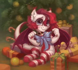 Size: 2700x2446 | Tagged: safe, artist:jewellier, derpibooru import, oc, unofficial characters only, bat pony, pony, bow, candy, candy cane, christmas, christmas tree, claws, clothes, collar, fangs, food, holiday, image, looking at you, paws, png, present, ribbon, smiling, smiling at you, socks, solo, striped socks, tree