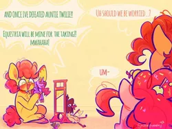 Size: 1024x768 | Tagged: safe, artist:sockiepuppetry, derpibooru import, boneless, boneless 6, cheese sandwich, li'l cheese, pinkie pie, princess twilight 2.0, spike, twilight sparkle, twilight sparkle (alicorn), alicorn, earth pony, pony, the last problem, axe, doll, execution, guillotine, image, jpeg, older, older pinkie pie, older twilight, speech bubble, text, toy, weapon, x eyes