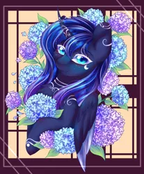 Size: 2900x3500 | Tagged: safe, artist:rainbowmoon2512, derpibooru import, princess luna, alicorn, pony, beautiful, blue eyes, blue mane, bust, chest fluff, collaboration, digital art, ethereal mane, eyelashes, female, flower, folded wings, horn, image, looking at you, mare, png, smiling, smiling at you, solo, sparkles, starry mane, stars, wings