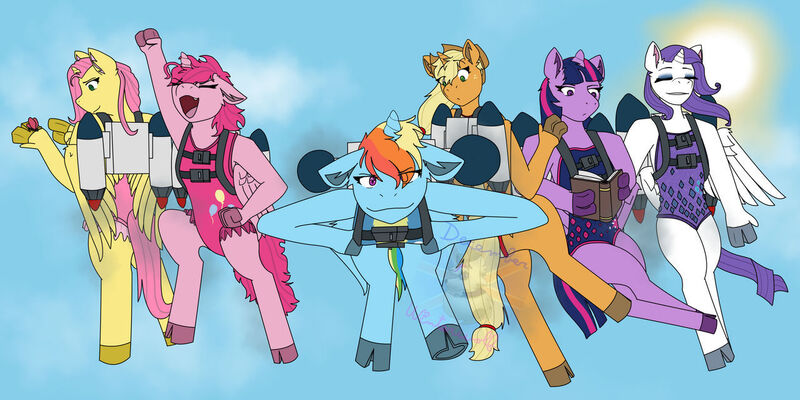 Size: 1280x640 | Tagged: safe, artist:decemberwinterwolf, derpibooru import, applejack, fluttershy, pinkie pie, rainbow dash, rarity, twilight sparkle, twilight sparkle (alicorn), alicorn, anthro, alicornified, applecorn, clothes, fluttercorn, flying, image, jetpack, jpeg, leotard, mane six, pinkiecorn, race swap, rainbowcorn, raricorn, sky, sky background, xk-class end-of-the-world scenario