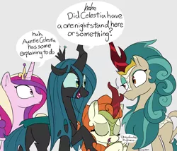 Size: 3000x2571 | Tagged: safe, artist:icey, derpibooru import, autumn blaze, princess cadance, queen chrysalis, rain shine, alicorn, changeling, changeling queen, kirin, pony, bowing, dialogue, eyes closed, female, image, mare, png, speech bubble, unamused