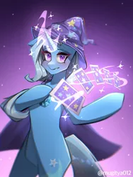 Size: 768x1024 | Tagged: safe, artist:mugitya012, derpibooru import, trixie, pony, unicorn, bipedal, brooch, cape, card, clothes, female, glow, glowing horn, gradient background, hat, horn, image, jewelry, jpeg, looking at you, magic, magic aura, mare, purple background, simple background, solo, telekinesis, trixie's brooch, trixie's cape, trixie's hat