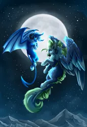 Size: 4100x6000 | Tagged: safe, artist:starcasteclipse, derpibooru import, oc, oc:starcast, oc:xel, chimera, gryphon, digital, griffon oc, image, night, oc x oc, painting, png, ship, shipping