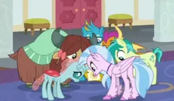 Size: 790x458 | Tagged: safe, derpibooru import, edit, edited screencap, screencap, gallus, ocellus, sandbar, silverstream, smolder, yona, changeling, classical hippogriff, dragon, earth pony, gryphon, hippogriff, pony, yak, friendship university, cropped, image, looking down, png, student six