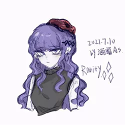 Size: 504x504 | Tagged: safe, artist:0704jiushuang, derpibooru import, rarity, equestria girls, beatnik rarity, beret, chinese text, clothes, female, hat, image, jpeg, looking at you, moon runes, simple background, solo, sweater, white background