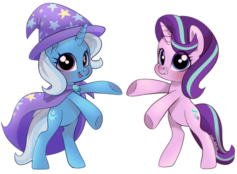 Size: 1024x752 | Tagged: safe, artist:mimijuliane, derpibooru import, starlight glimmer, trixie, pony, unicorn, bipedal, cute, diatrixes, duo, female, glimmerbetes, image, mare, open mouth, png, simple background, smiling, transparent background