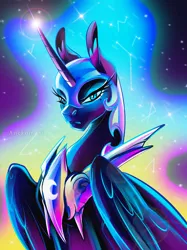 Size: 2048x2732 | Tagged: safe, artist:anekomori, derpibooru import, nightmare moon, alicorn, pony, beautiful, blue eyes, blue mane, colored pupils, constellation, digital art, ear fluff, ethereal mane, eyelashes, feather, female, flowing mane, folded wings, glow, helmet, high res, horn, image, jpeg, long horn, looking at you, magic, majestic, mare, night, peytral, signature, solo, sparkles, starry mane, stars, vaporwave, wings