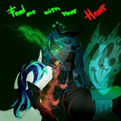 Size: 1280x1280 | Tagged: safe, artist:damascaseliads, derpibooru import, queen chrysalis, shining armor, changeling, changeling queen, pony, unicorn, black background, changeling feeding, clothes, crown, curved horn, deviantart watermark, digital art, eyelashes, female, glow, glowing eyes, glowing horn, green eyes, green mane, horn, hypnosis, hypnotized, image, jewelry, jpeg, looking at each other, looking at someone, magic, male, obtrusive watermark, open mouth, regalia, see-through, simple background, smiling, smiling at each other, stallion, teeth, watermark, wings