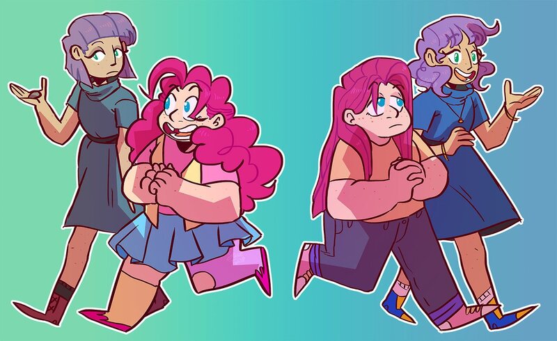 Size: 1280x784 | Tagged: safe, artist:stevetwisp, derpibooru import, boulder (pet), maud pie, pinkie pie, human, alternate hairstyle, boots, chubby, clothes, cute, diapinkes, dress, female, freckles, humanized, image, jewelry, jpeg, maudabetes, mismatched socks, necklace, personality swap, pet rock, pinkamena diane pie, shoes, siblings, sisters, skirt, smiling, sneakers, socks, straight hair, tooth gap, when she doesn't smile, when she smiles