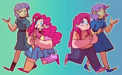 Size: 1280x784 | Tagged: safe, artist:stevetwisp, derpibooru import, boulder (pet), maud pie, pinkie pie, human, alternate hairstyle, boots, chubby, clothes, cute, diapinkes, dress, female, freckles, humanized, image, jewelry, jpeg, maudabetes, mismatched socks, necklace, personality swap, pet rock, pinkamena diane pie, shoes, siblings, sisters, skirt, smiling, sneakers, socks, straight hair, tooth gap, when she doesn't smile, when she smiles