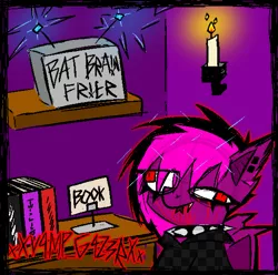 Size: 1631x1617 | Tagged: grimdark, artist:xxv4mp_g4z3rxx, derpibooru import, oc, oc:violet valium, unofficial characters only, bat pony, pony, :p, bags under eyes, bat pony oc, bat wings, bleeding, bleeding eyes, blood, blood on face, book, candle, clothes, collar, death, ear piercing, ear tufts, electricity, eyeliner, fangs, female, folded wings, fried brain, hoodie, image, makeup, mare, piercing, png, purple coat, red eyes, shelf, sign, signature, solo, spiked collar, text, tongue out, two toned mane, wings