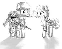 Size: 2316x1829 | Tagged: safe, artist:uteuk, derpibooru import, shady, oc, oc:natrix capefiv, earth pony, pony, armor, backpack, black and white, grayscale, gun, helmet, image, jpeg, knife, looking at each other, looking at someone, monochrome, rifle, simple background, weapon, white background