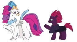 Size: 3264x1794 | Tagged: safe, artist:supahdonarudo, derpibooru import, queen novo, tempest shadow, classical hippogriff, hippogriff, unicorn, my little pony: the movie, atg 2022, broken horn, clothes, horn, image, newbie artist training grounds, png, raised hoof, scared, scarf, simple background, transparent background, worried