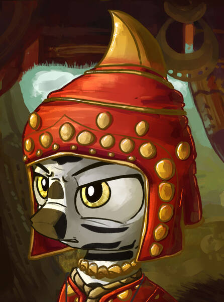 Size: 4000x5385 | Tagged: safe, artist:uteuk, derpibooru import, zebra, equestria at war mod, angry, gold, hat, image, jpeg, scythian