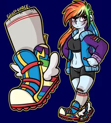 Size: 1447x1599 | Tagged: safe, artist:sexygoatgod, derpibooru import, rainbow dash, human, equestria girls, clothes, humanized, image, kneesocks, png, shoes, sneakers, socks, solo, varsity jacket, workout outfit