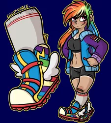 Size: 1447x1599 | Tagged: safe, artist:sexygoatgod, derpibooru import, rainbow dash, human, clothes, humanized, image, kneesocks, png, shoes, sneakers, socks, solo, varsity jacket, workout outfit