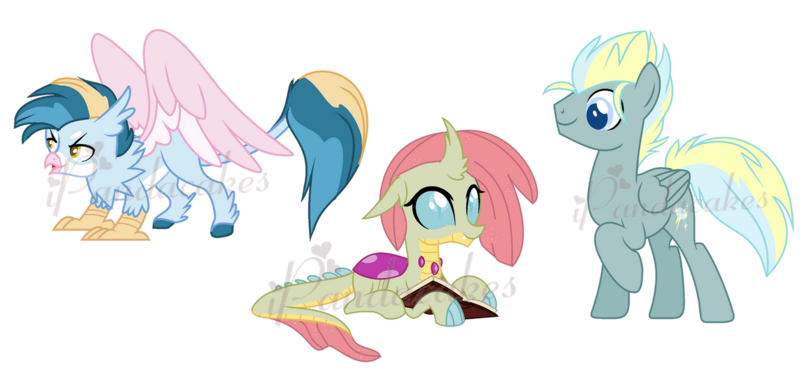 Size: 1600x761 | Tagged: safe, artist:ipandacakes, derpibooru import, oc, unofficial characters only, dragonling, gryphon, hippogriffon, hybrid, pegasus, pony, base used, image, interspecies offspring, magical lesbian spawn, male, obtrusive watermark, offspring, parent:gallus, parent:lightning streak, parent:misty fly, parent:ocellus, parent:silverstream, parent:smolder, parents:gallstream, parents:smolcellus, png, simple background, stallion, transparent background, watermark