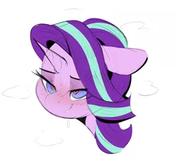 Size: 2608x2348 | Tagged: suggestive, artist:welost, derpibooru import, starlight glimmer, pony, unicorn, bedroom eyes, blushing, bust, floppy ears, heart, heart eyes, image, lip bite, mind control, png, portrait, simple background, sketch, solo, story in the source, story included, sweat, wingding eyes