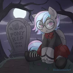 Size: 2048x2048 | Tagged: safe, artist:bluecocoaart, derpibooru import, pegasus, commission, glasses, goth, grave, gravestone, graveyard, image, moonlight, png, solo, ych result, your character here