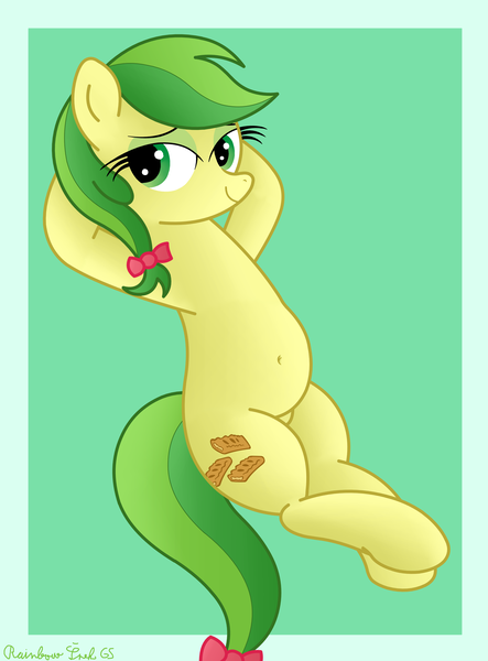 Size: 2974x4032 | Tagged: safe, artist:rainbowšpekgs, derpibooru import, apple fritter, earth pony, pony, apple family member, bedroom eyes, belly, belly button, bow, chubby, cute, female, image, looking at you, mare, png, sexy, simple background, solo, stretching