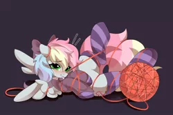 Size: 902x601 | Tagged: safe, artist:haruk, derpibooru import, oc, oc:blazey sketch, unofficial characters only, pegasus, blushing, bow, clothes, green eyes, hair bow, image, jpeg, long hair, multicolored hair, my little pony, small wings, socks, solo, stuck together, sweater, wings, yarn, yarn ball
