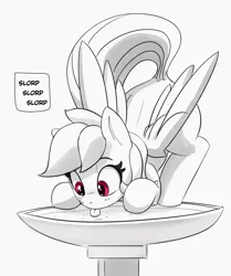 Size: 2939x3520 | Tagged: safe, artist:pabbley, derpibooru import, rainbow dash, pegasus, pony, :p, behaving like a bird, behaving like a cat, bird bath, cute, dashabetes, eyebrows, face down ass up, female, folded wings, grayscale, high res, image, jpeg, lapping, mare, monochrome, neo noir, onomatopoeia, partial color, raised tail, silly, silly pony, simple background, solo, tail, tongue out, white background, wings