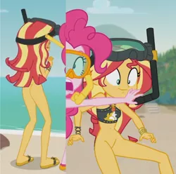 Size: 2327x2307 | Tagged: suggestive, derpibooru import, edit, editor:sunsetfan123, pinkie pie, sunset shimmer, equestria girls, equestria girls series, unsolved selfie mysteries, ass, belly button, bikini, bottomless, butt, clothes, image, jpeg, nude beach, nude edit, nudity, partial nudity, sexy, smelly, sweat, swimsuit