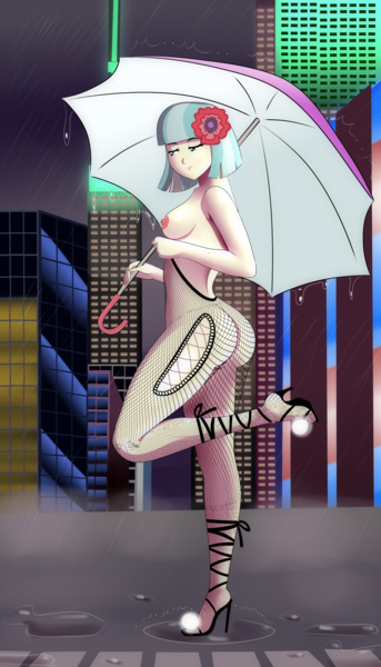 Size: 2000x3500 | Tagged: questionable, artist:chuyryu, derpibooru import, coco pommel, equestria girls, ass, breasts, butt, city, cityscape, clothes, commission, commissioner:branagain, equestria girls-ified, exhibitionism, female, fishnet clothing, fishnet pantyhose, fishnets, flower, flower in hair, hatbutt, high heels, image, night, nipples, nudity, partial nudity, petite, png, public nudity, rain, reasonably sized breasts, sad, shoes, solo, solo female, topless, umbrella, wet