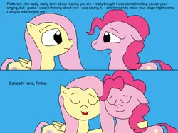 Size: 2000x1500 | Tagged: safe, artist:blazewing, derpibooru import, fluttershy, pinkie pie, earth pony, pegasus, pony, filli vanilli, 2 panel comic, atg 2022, blue background, colored background, comic, drawpile, episode followup, eyes closed, female, floppy ears, forgiveness, happy, hug, image, mare, newbie artist training grounds, nuzzling, png, sad, simple background, smiling, text