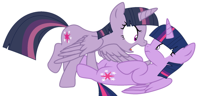 Size: 1745x849 | Tagged: safe, artist:klewgcg, artist:twilyisbestpone, derpibooru import, mean twilight sparkle, twilight sparkle, twilight sparkle (alicorn), alicorn, pony, angry, base used, clone, duality, duo, duo female, evil, female, image, mare, nose wrinkle, pinned, png, scared, self paradox, self ponidox, simple background, transparent background, wide eyes, wings