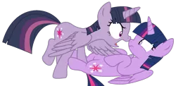 Size: 1745x849 | Tagged: safe, artist:klewgcg, artist:twilyisbestpone, derpibooru import, mean twilight sparkle, twilight sparkle, twilight sparkle (alicorn), alicorn, pony, angry, base used, clone, duality, duo, duo female, evil, female, image, mare, nose wrinkle, pinned, png, scared, self paradox, self ponidox, simple background, transparent background, wide eyes, wings