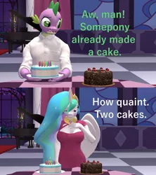 Size: 1920x2160 | Tagged: safe, artist:papadragon69, derpibooru import, princess celestia, spike, alicorn, anthro, dragon, pony, 3d, black forest cake, cake, cakelestia, dialogue, duo, female, food, image, male, mare, meme, png, portal (valve), source filmmaker, table, that pony sure does love cakes, the cake is a lie