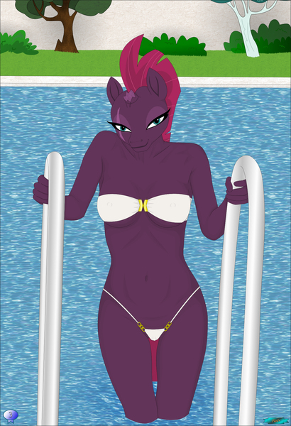 Size: 1293x1891 | Tagged: suggestive, artist:fab3716, derpibooru import, fizzlepop berrytwist, tempest shadow, anthro, unicorn, my little pony: the movie, bedroom eyes, bikini, breasts, broken horn, busty tempest shadow, clothes, eye scar, female, horn, image, jpeg, looking at you, scar, signature, smiling, smiling at you, solo, solo female, swimming pool, swimsuit