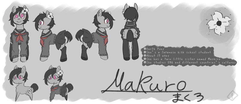 Size: 2500x1080 | Tagged: safe, artist:metaruscarlet, derpibooru import, oc, oc:makuro, unofficial characters only, earth pony, pony, black hair, clothes, flower, image, png, reference sheet, school uniform